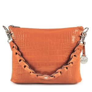 Style Kiss i rusten orange. Clutch, håndtaske og skuldertaske i skind med flot prægning