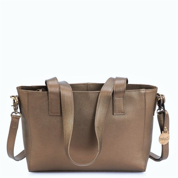 Style Leeds: lædertaske i cool metallic bronze. Smuk og klassisk shopper, hånd, skulder- og crossovertaske